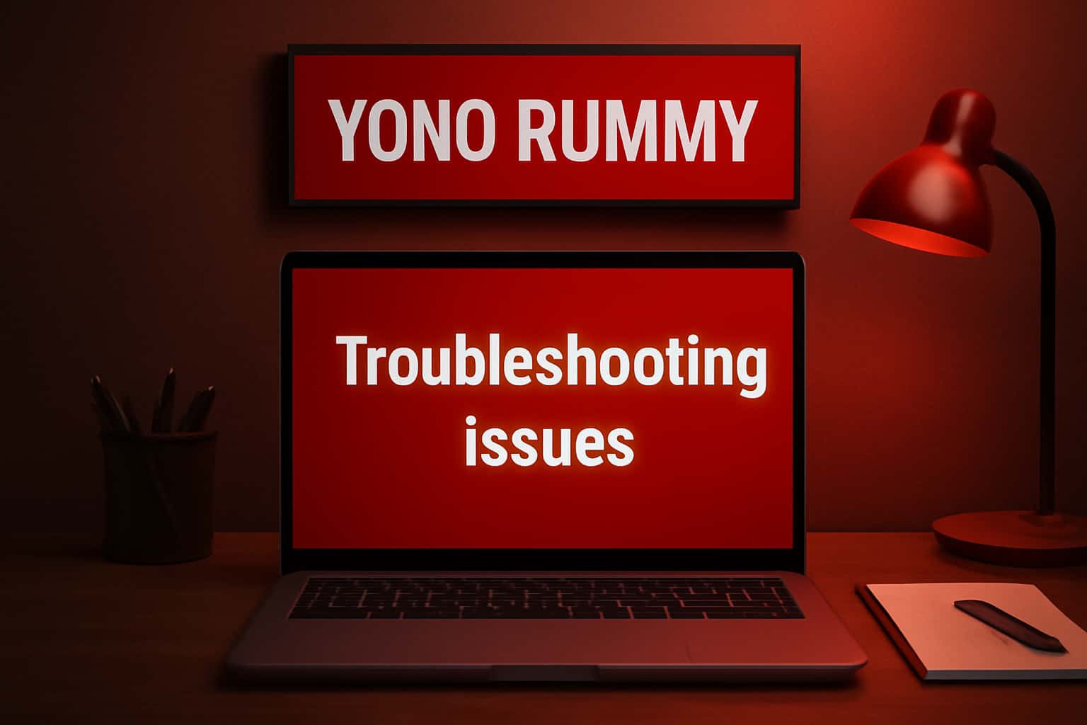 An informational scene depicting troubleshooting techniques for Yono Rummy.