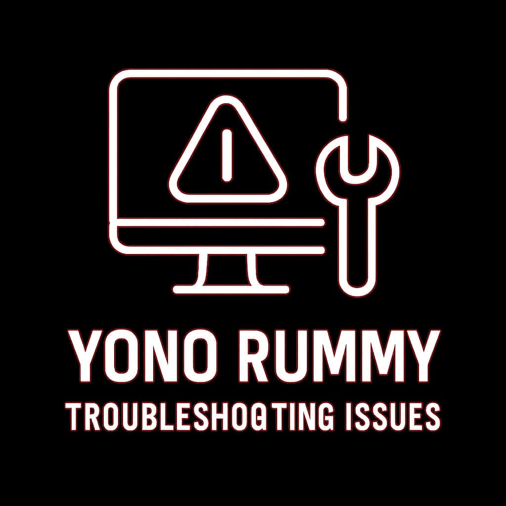 A minimalist badge highlighting troubleshooting for Yono Rummy.